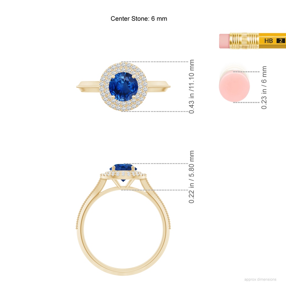 6mm AAA Vintage Inspired Round Blue Sapphire Double Halo Engagement Ring in Yellow Gold ruler