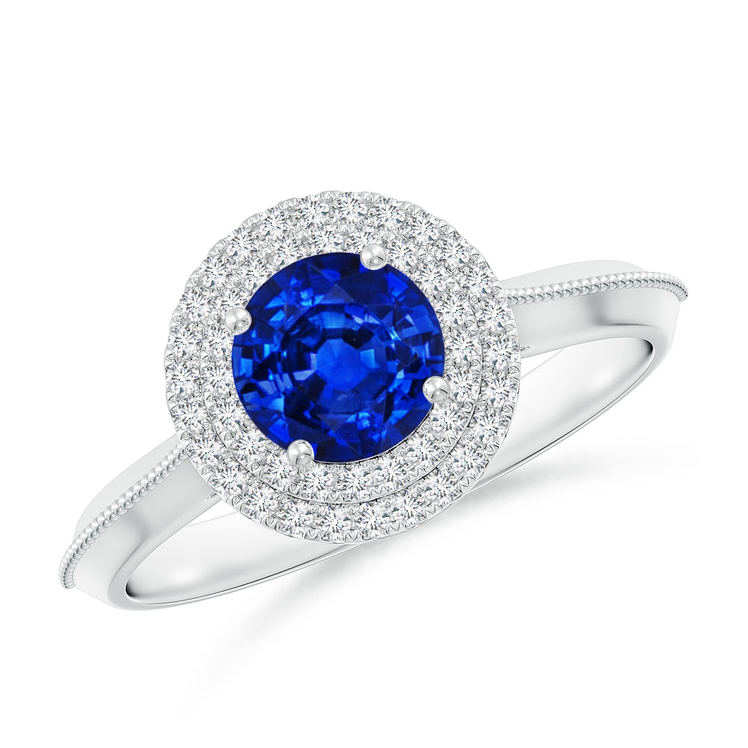 6mm AAAA Vintage Inspired Round Blue Sapphire Double Halo Engagement Ring in 18K White Gold