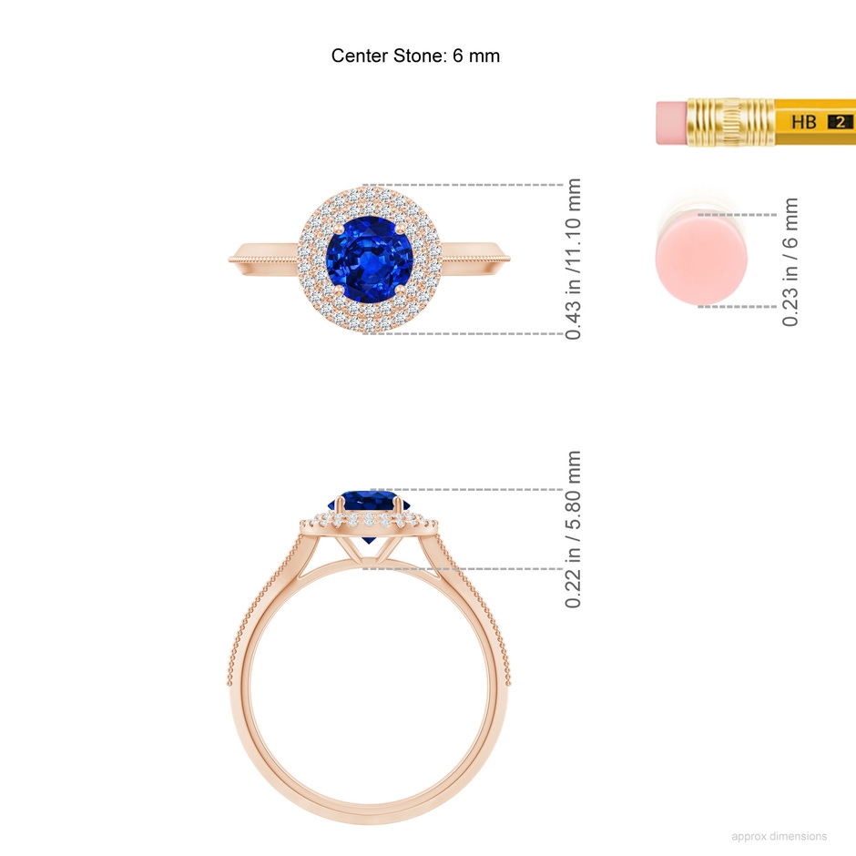 6mm AAAA Vintage Inspired Round Blue Sapphire Double Halo Engagement Ring in Rose Gold ruler