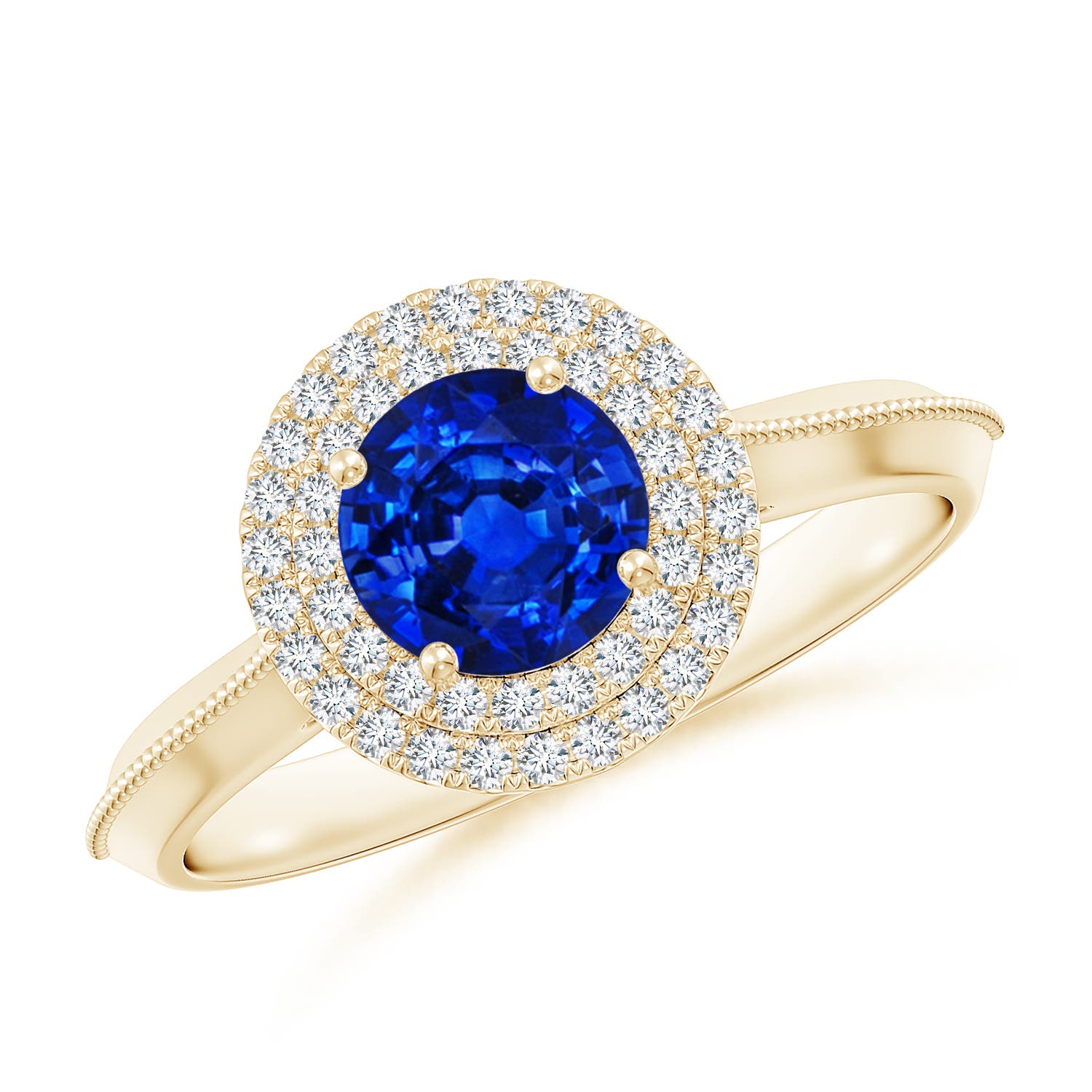 6mm AAAA Vintage Inspired Round Blue Sapphire Double Halo Engagement Ring in Yellow Gold