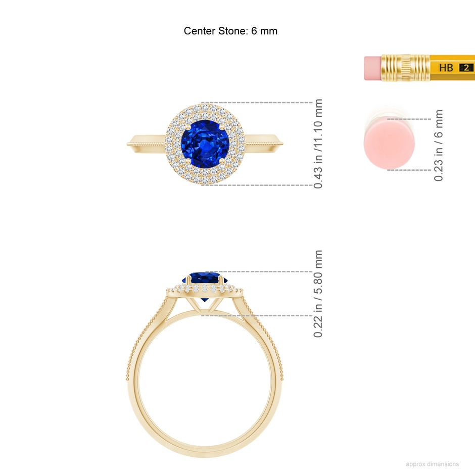 6mm AAAA Vintage Inspired Round Blue Sapphire Double Halo Engagement Ring in Yellow Gold ruler