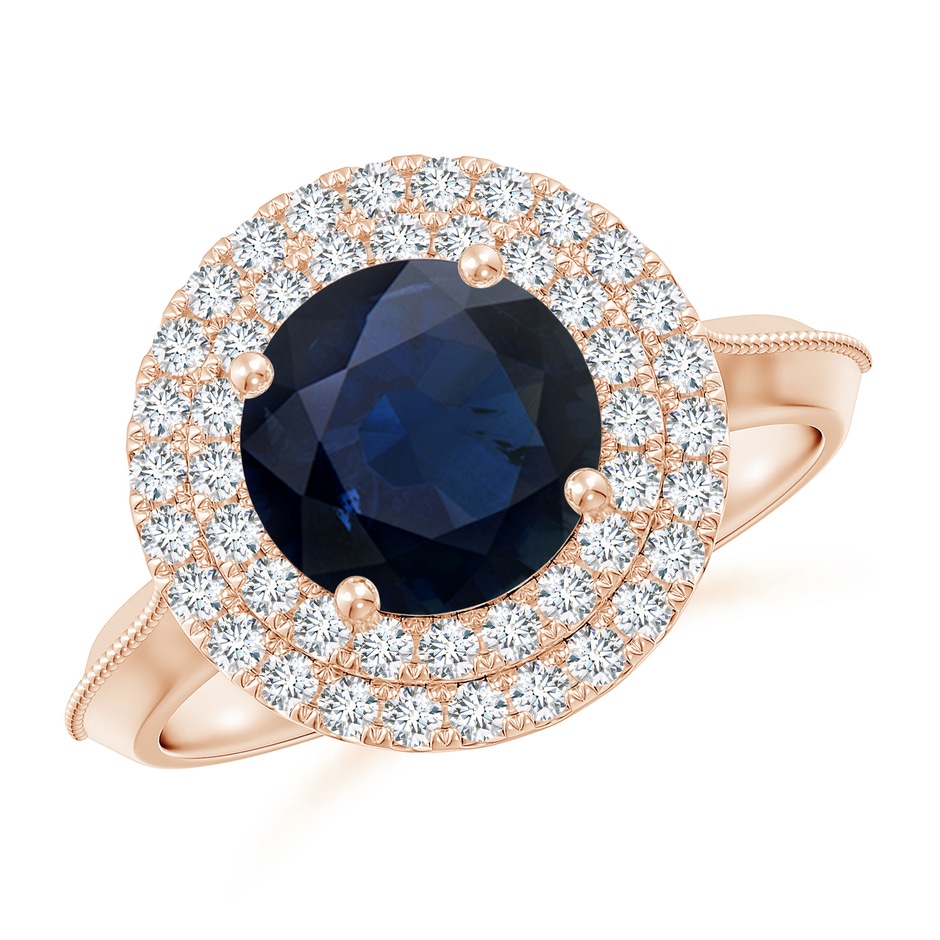 8mm A Vintage Inspired Round Blue Sapphire Double Halo Engagement Ring in Rose Gold 