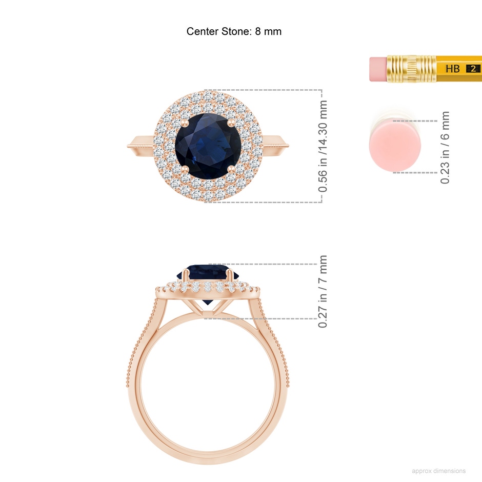 8mm A Vintage Inspired Round Blue Sapphire Double Halo Engagement Ring in Rose Gold ruler