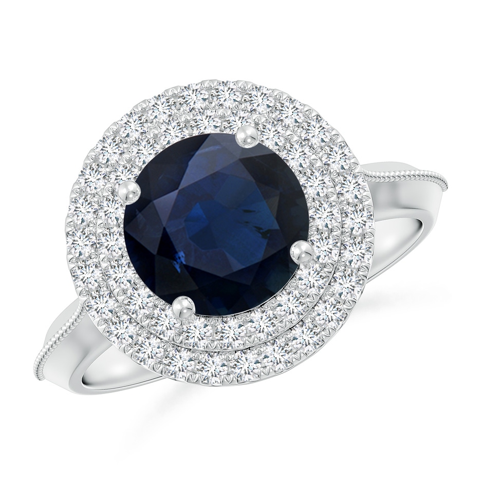 8mm A Vintage Inspired Round Blue Sapphire Double Halo Engagement Ring in White Gold 