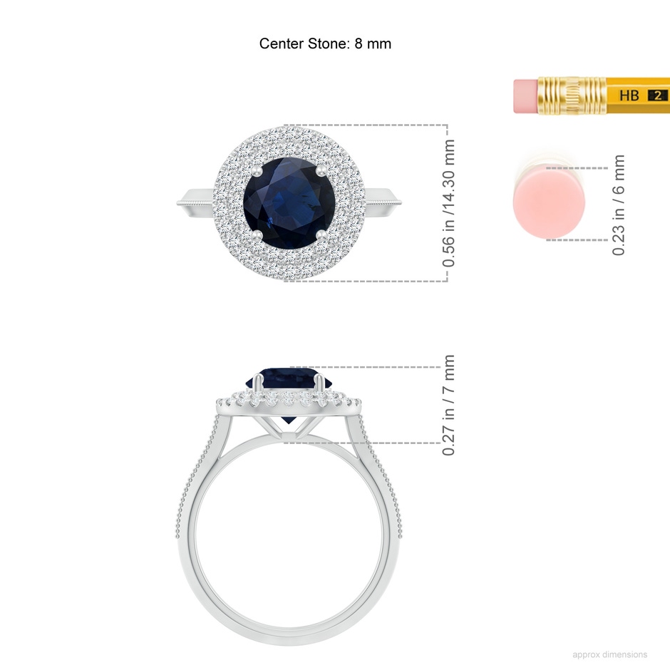 8mm A Vintage Inspired Round Blue Sapphire Double Halo Engagement Ring in White Gold ruler