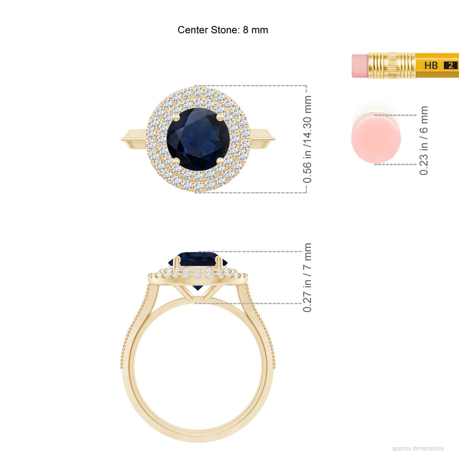 8mm A Vintage Inspired Round Blue Sapphire Double Halo Engagement Ring in Yellow Gold ruler