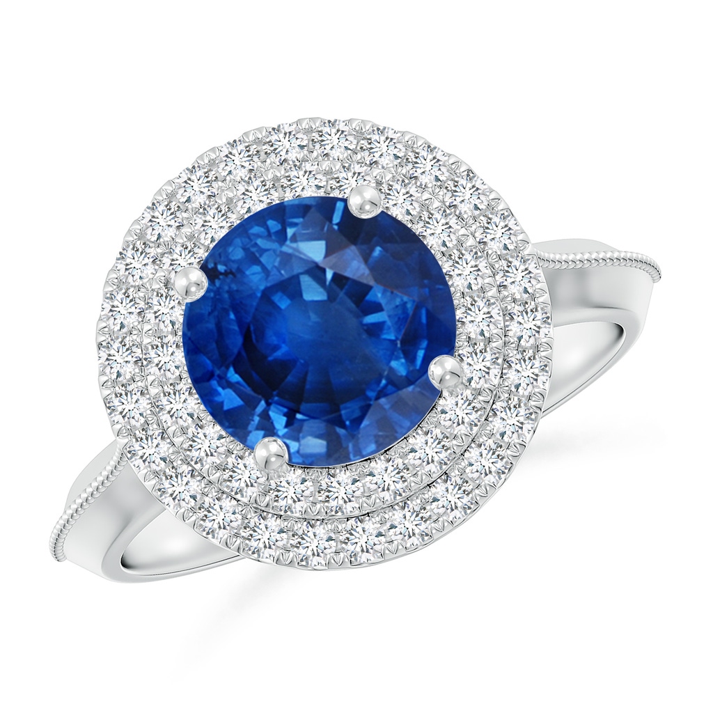 8mm AAA Vintage Inspired Round Blue Sapphire Double Halo Engagement Ring in White Gold