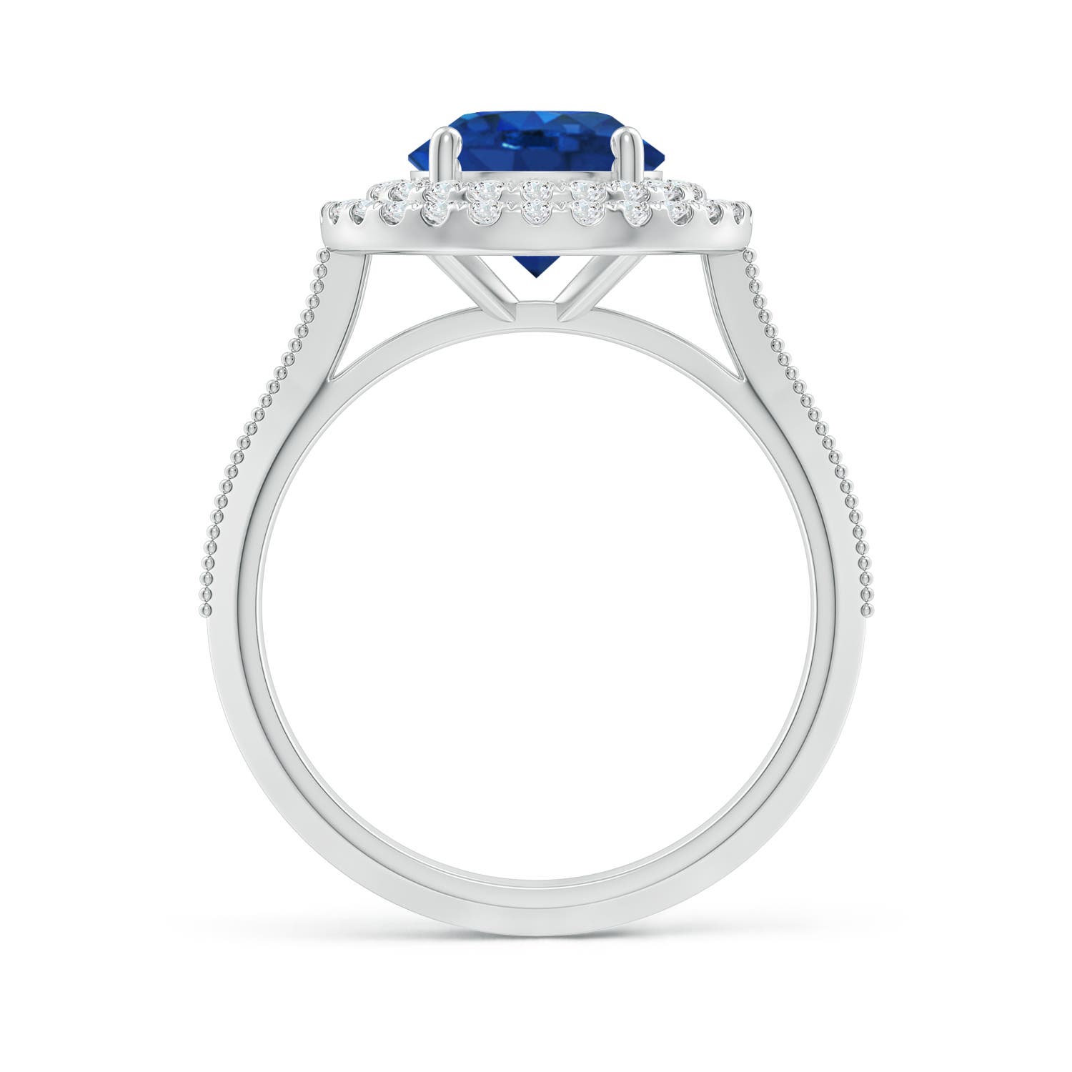 8mm AAA Vintage Inspired Round Blue Sapphire Double Halo Engagement Ring in White Gold