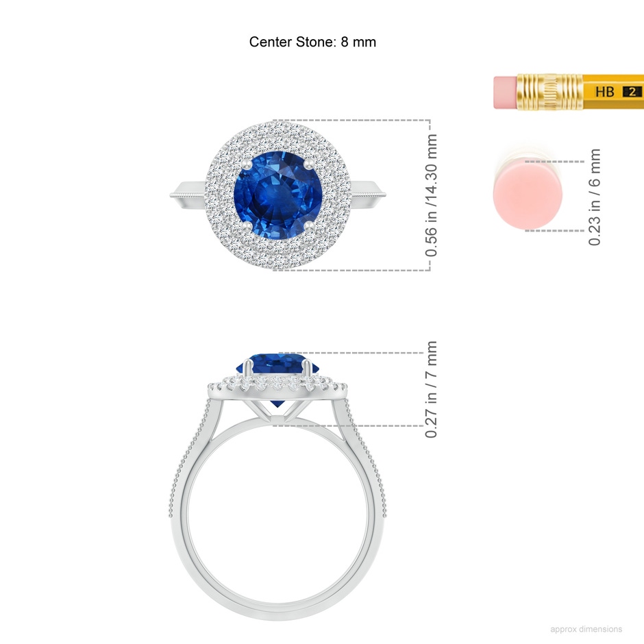 8mm AAA Vintage Inspired Round Blue Sapphire Double Halo Engagement Ring in White Gold ruler