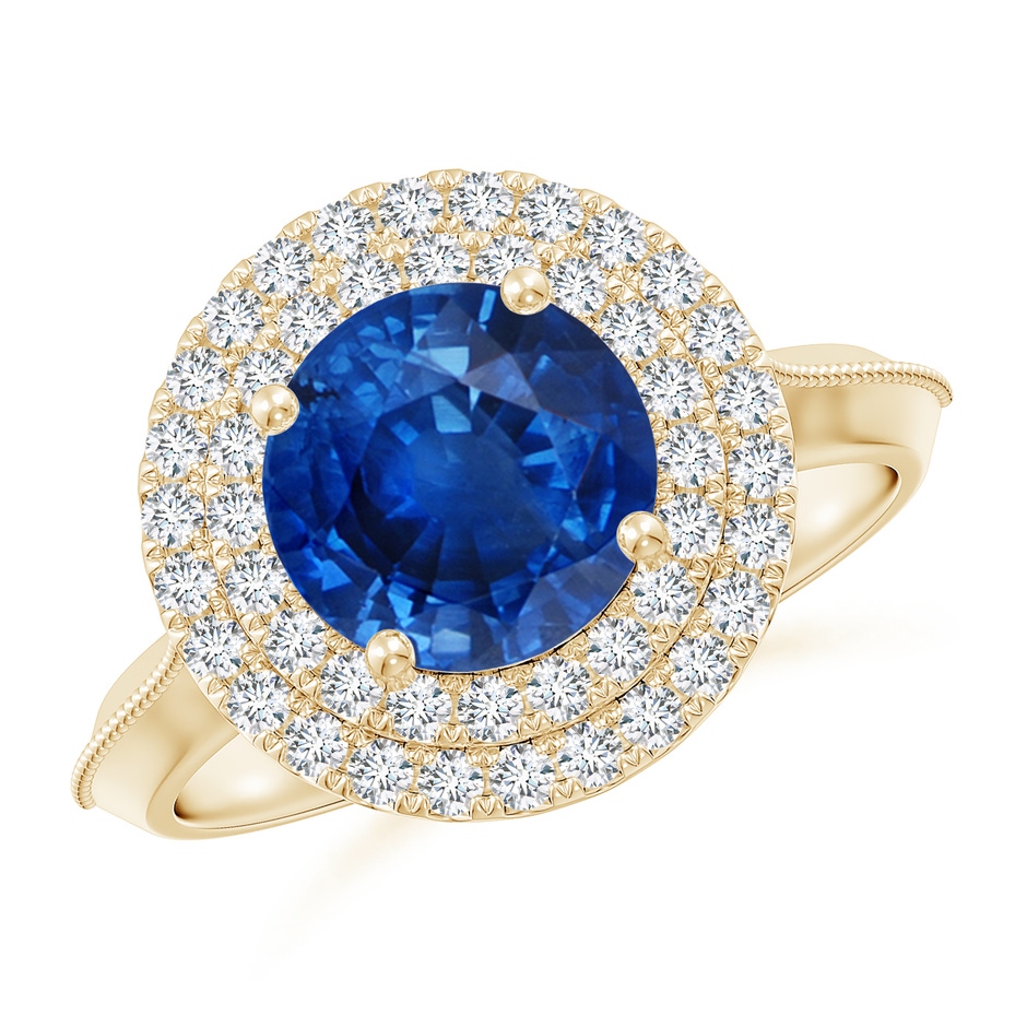 8mm AAA Vintage Inspired Round Blue Sapphire Double Halo Engagement Ring in Yellow Gold 