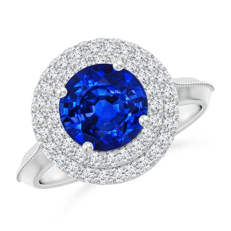 8mm Lab-Grown Vintage Inspired Round Blue Sapphire Double Halo Engagement Ring in White Gold 