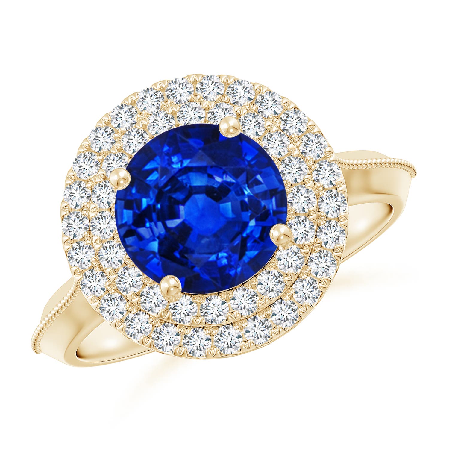 8mm AAAA Vintage Inspired Round Blue Sapphire Double Halo Engagement Ring in Yellow Gold