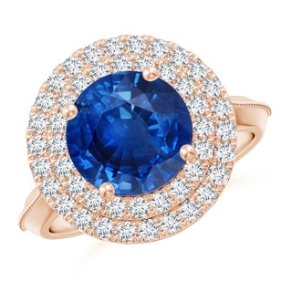 9mm AAA Vintage Inspired Round Blue Sapphire Double Halo Engagement Ring in 18K Rose Gold