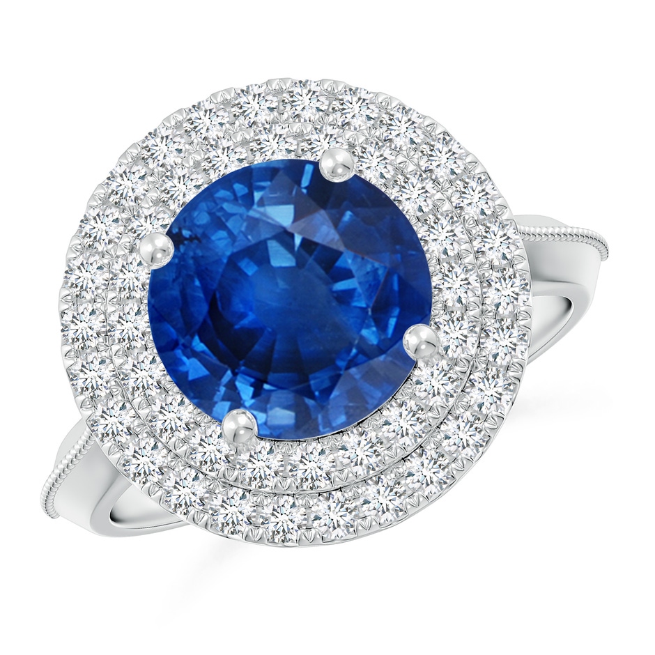 9mm AAA Vintage Inspired Round Blue Sapphire Double Halo Engagement Ring in White Gold 