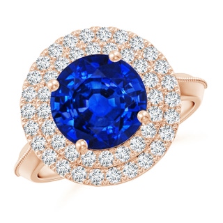 9mm AAAA Vintage Inspired Round Blue Sapphire Double Halo Engagement Ring in 18K Rose Gold