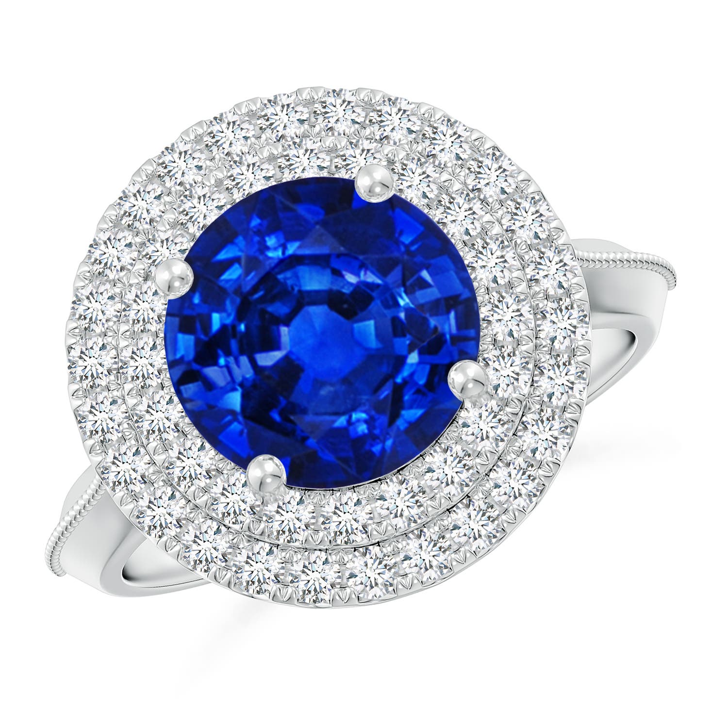 9mm AAAA Vintage Inspired Round Blue Sapphire Double Halo Engagement Ring in White Gold