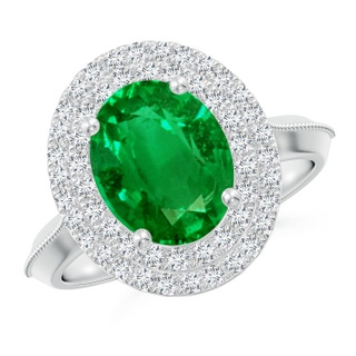 10x8mm AAAA Vintage Inspired Oval Emerald Double Halo Engagement Ring in P950 Platinum