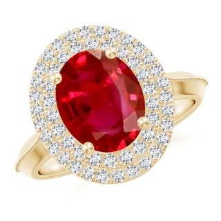 10x8mm AAA Vintage Inspired Oval Ruby Double Halo Engagement Ring in 18K Yellow Gold