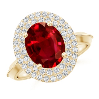 10x8mm AAAA Vintage Inspired Oval Ruby Double Halo Engagement Ring in 18K Yellow Gold