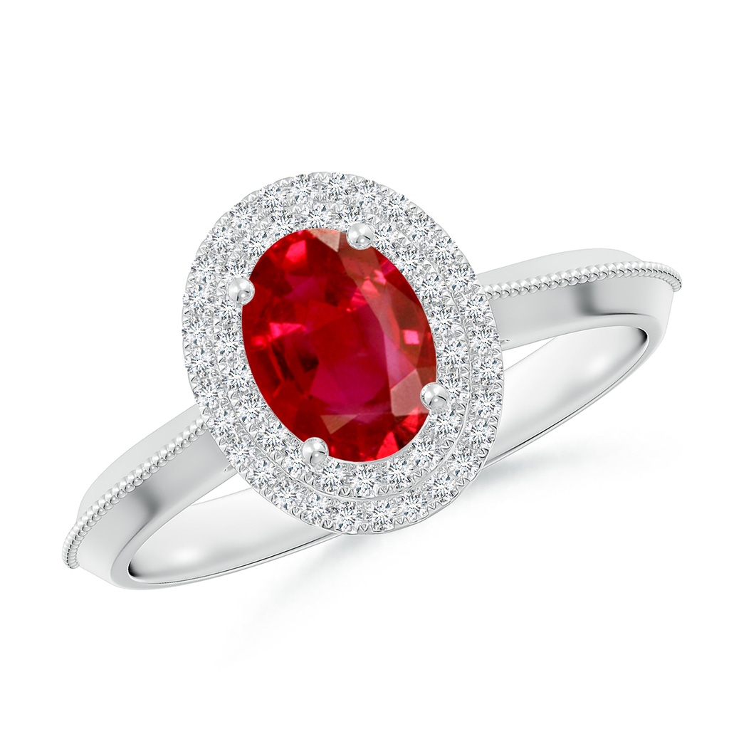 7x5mm AAA Vintage Inspired Oval Ruby Double Halo Engagement Ring in White Gold