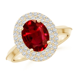 9x7mm AAAA Vintage Inspired Oval Ruby Double Halo Engagement Ring in 18K Yellow Gold