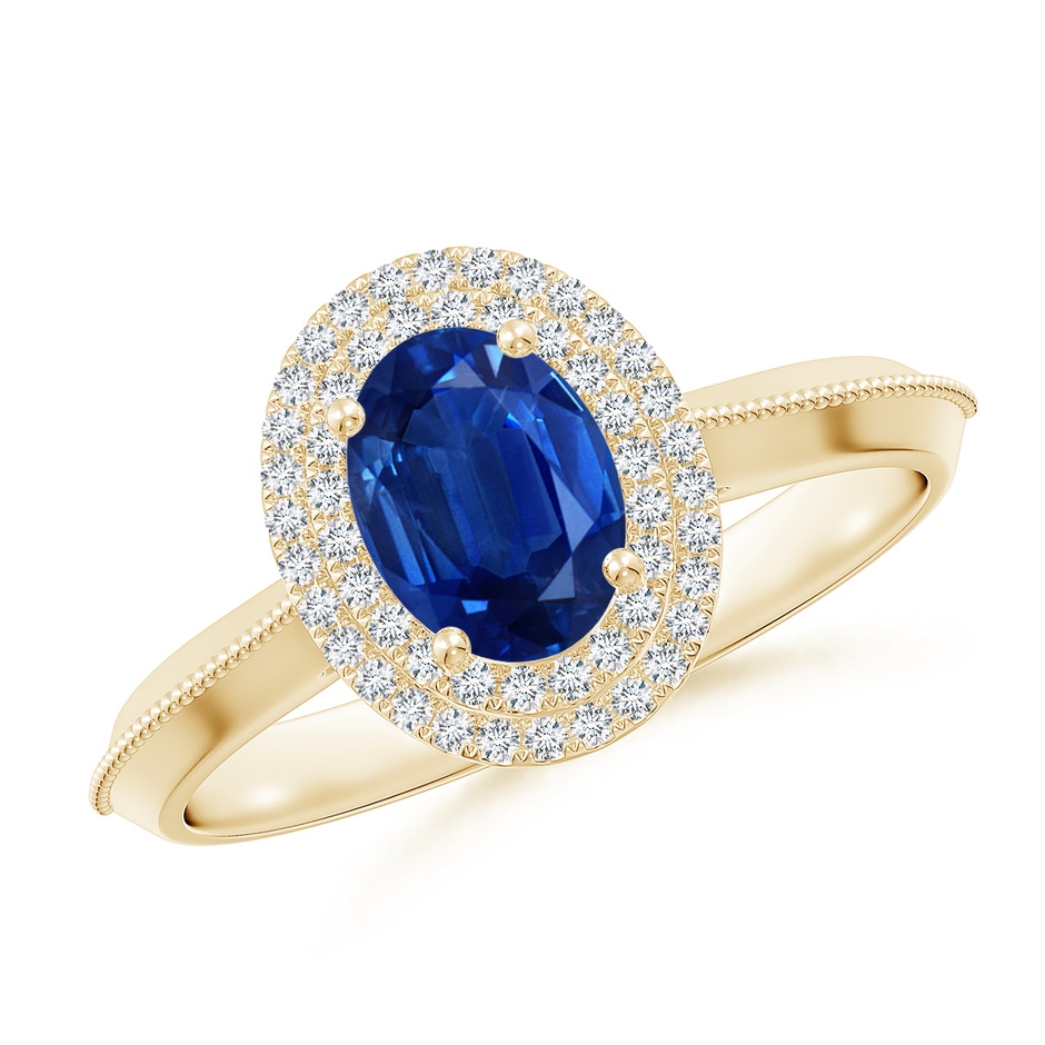 7x5mm AAA Vintage Inspired Oval Blue Sapphire Double Halo Engagement Ring in Yellow Gold 