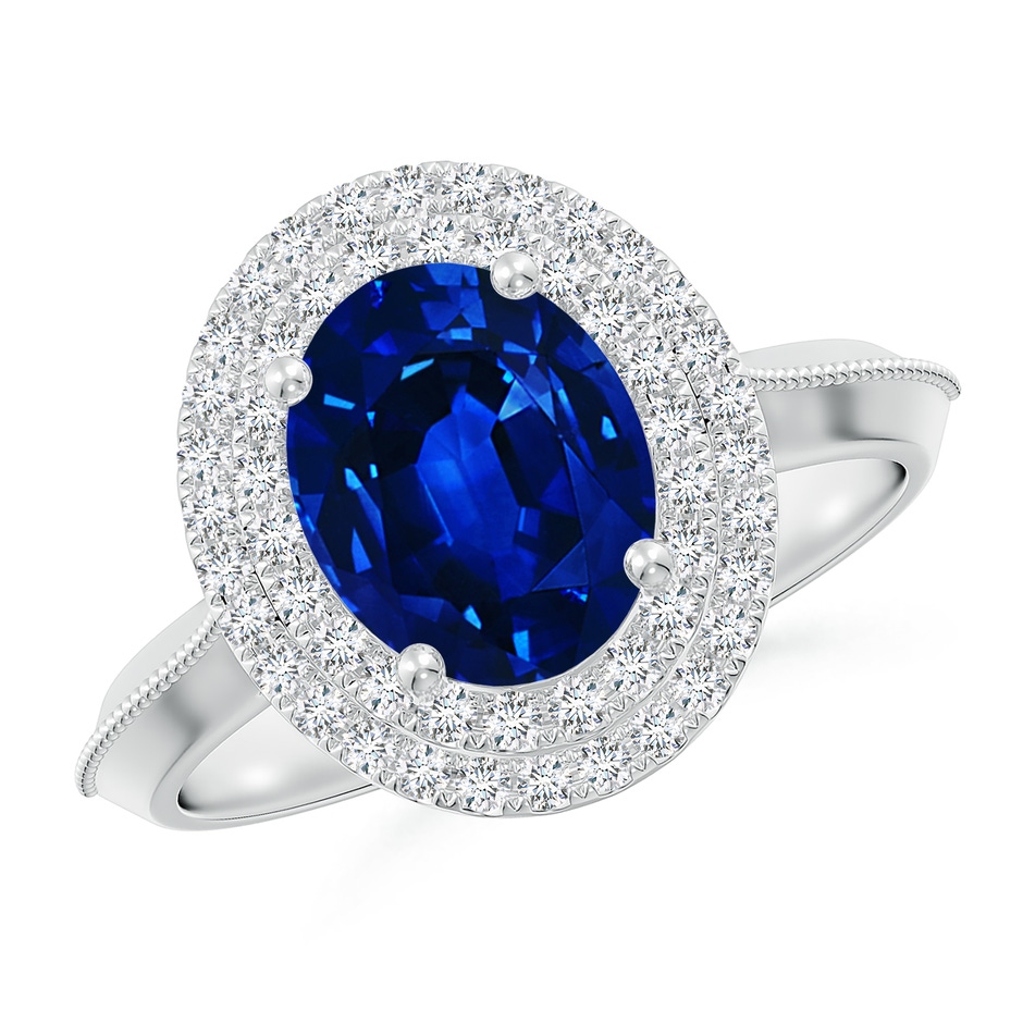 9x7mm Lab-Grown Vintage Inspired Oval Blue Sapphire Double Halo Engagement Ring in White Gold 