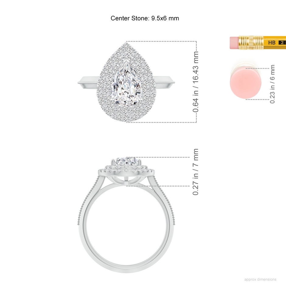 9.5x6mm HSI2 Vintage Inspired Pear Diamond Double Halo Engagement Ring in White Gold ruler