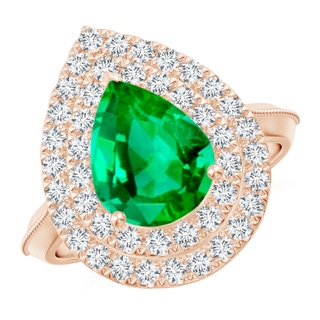 10x8mm AAA Vintage Inspired Pear Emerald Double Halo Engagement Ring in 18K Rose Gold