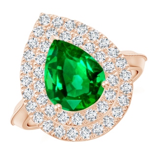 10x8mm AAAA Vintage Inspired Pear Emerald Double Halo Engagement Ring in Rose Gold