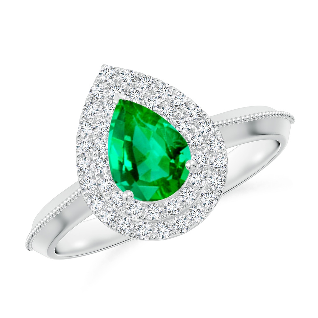 7x5mm AAA Vintage Inspired Pear Emerald Double Halo Engagement Ring in White Gold