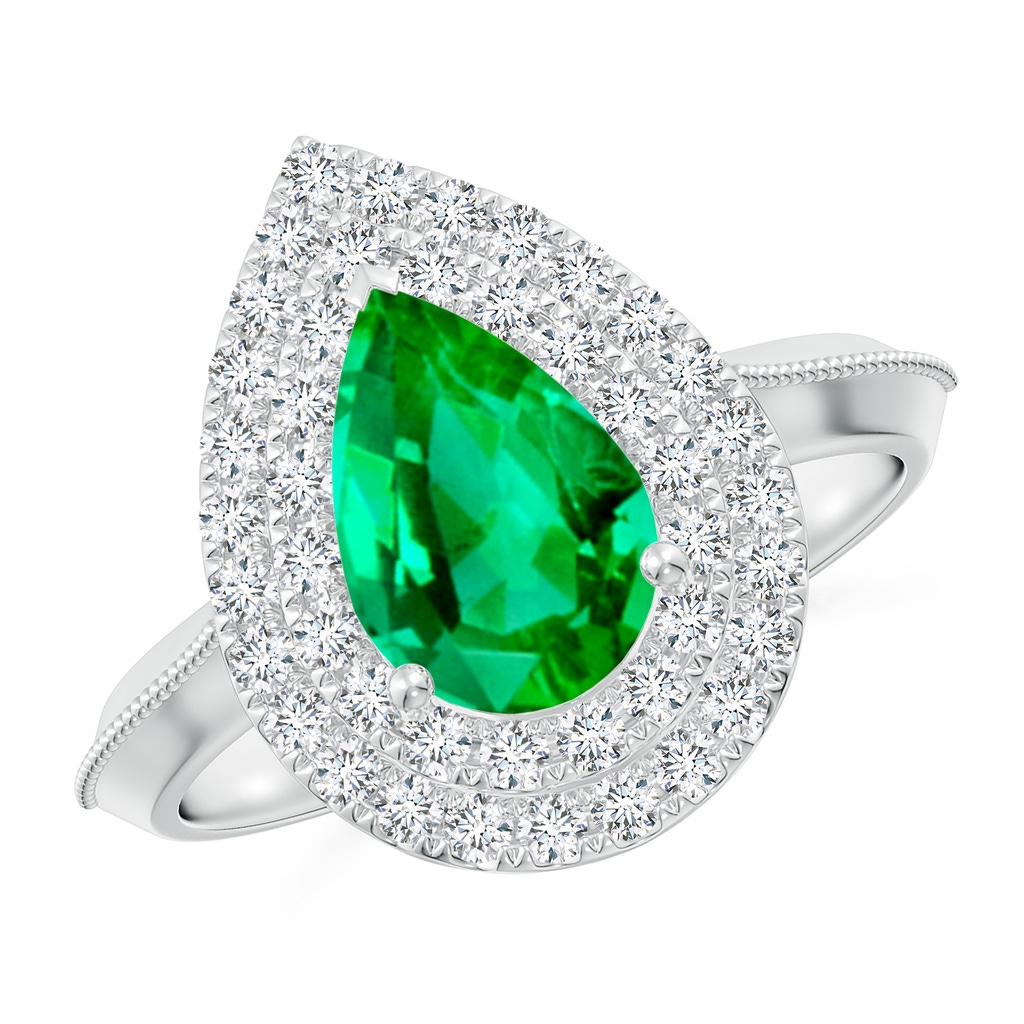 9x7mm AAA Vintage Inspired Pear Emerald Double Halo Engagement Ring in White Gold
