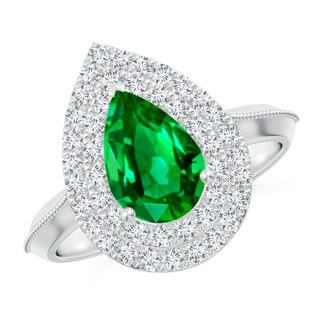 9x7mm AAAA Vintage Inspired Pear Emerald Double Halo Engagement Ring in P950 Platinum