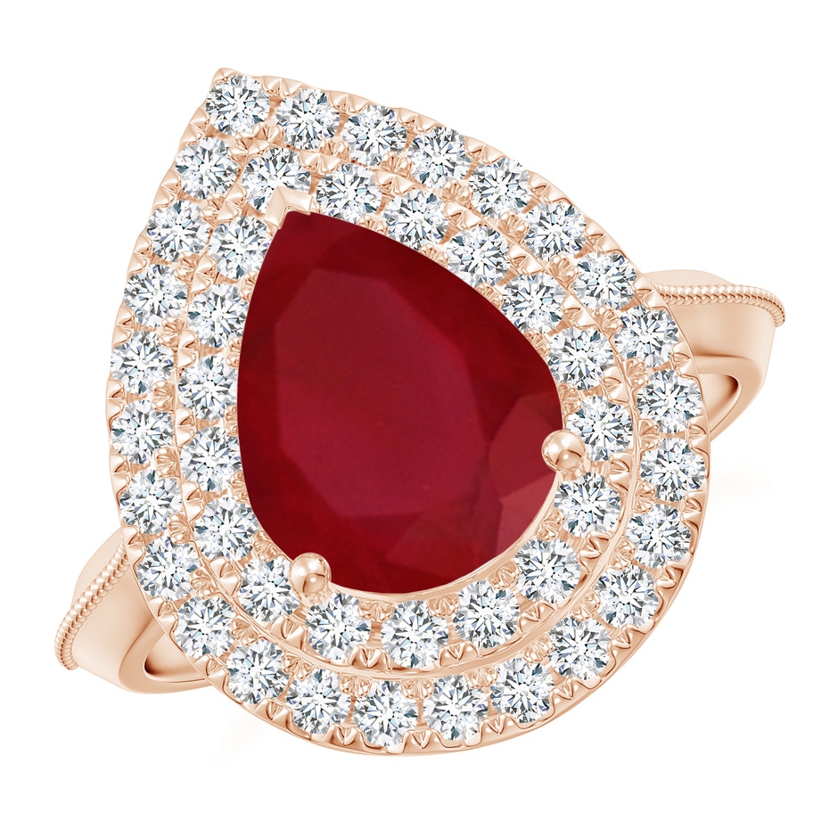 10x8mm AA Vintage Inspired Pear Ruby Double Halo Engagement Ring in 18K Rose Gold 