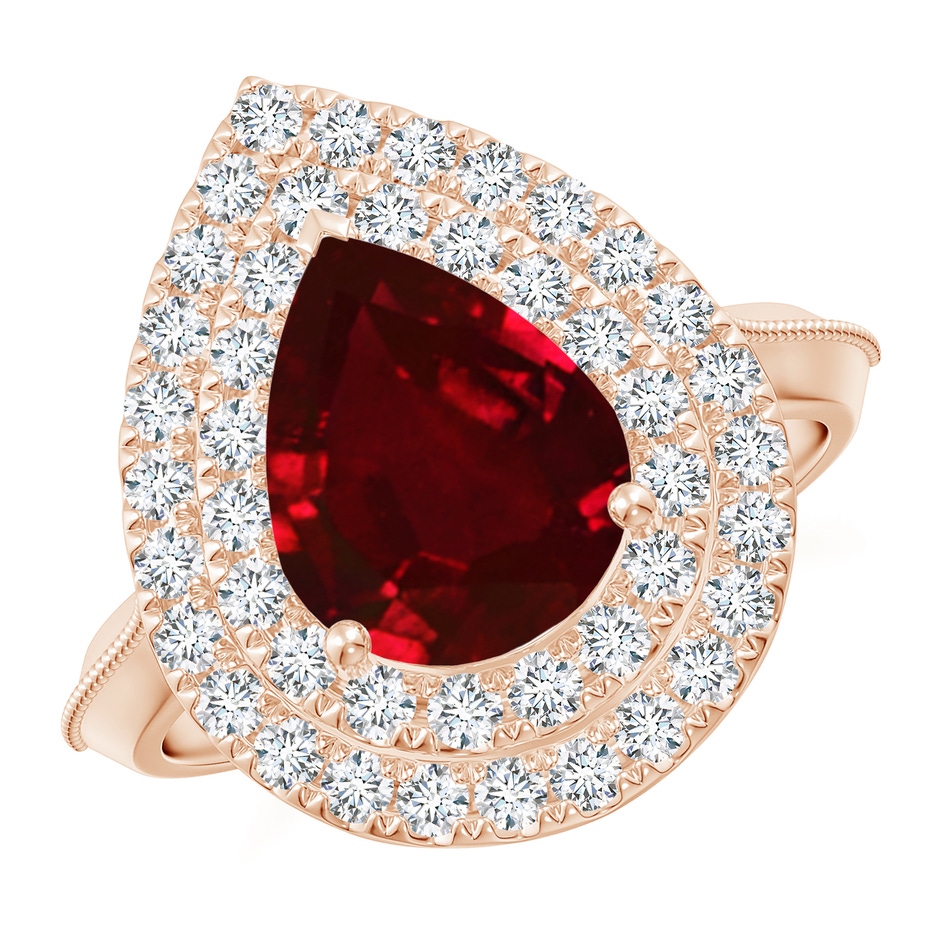 10x8mm AAAA Vintage Inspired Pear Ruby Double Halo Engagement Ring in Rose Gold 