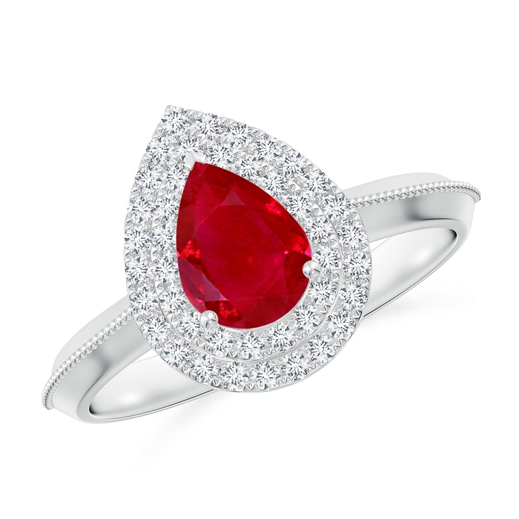 7x5mm AAA Vintage Inspired Pear Ruby Double Halo Engagement Ring in 18K White Gold