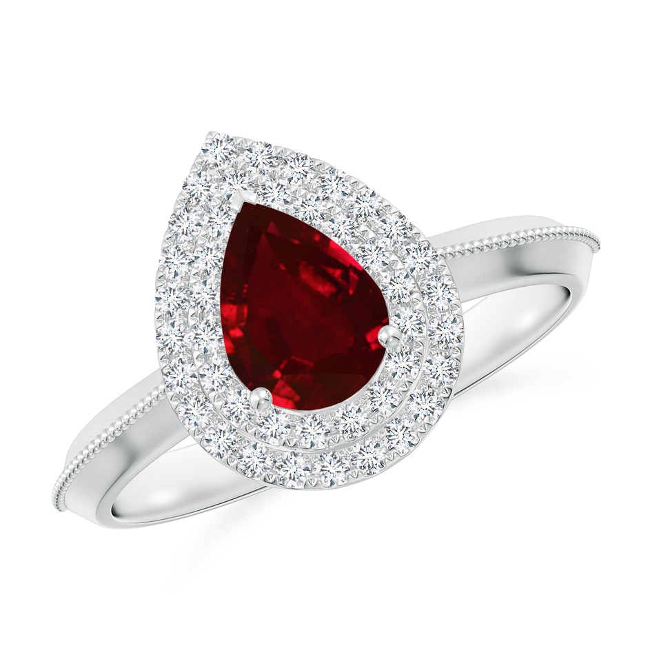 7x5mm AAAA Vintage Inspired Pear Ruby Double Halo Engagement Ring in P950 Platinum 