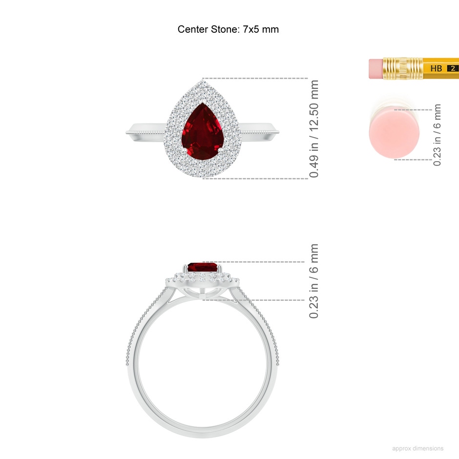 7x5mm AAAA Vintage Inspired Pear Ruby Double Halo Engagement Ring in P950 Platinum ruler