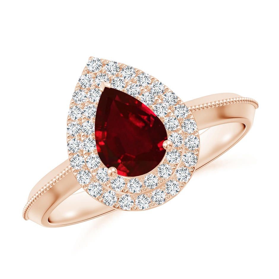 7x5mm AAAA Vintage Inspired Pear Ruby Double Halo Engagement Ring in Rose Gold 