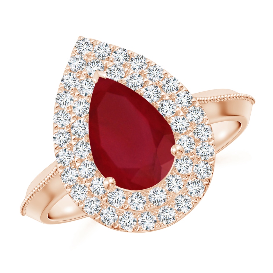 9x7mm AA Vintage Inspired Pear Ruby Double Halo Engagement Ring in Rose Gold 