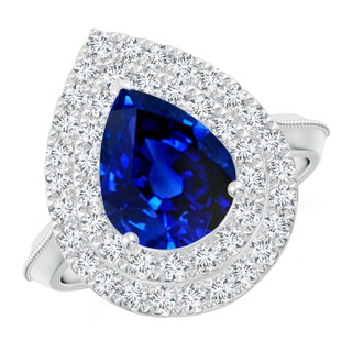 10x8mm AAAA Vintage Inspired Pear Blue Sapphire Double Halo Engagement Ring in P950 Platinum