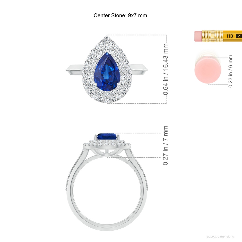 9x7mm AAA Vintage Inspired Pear Blue Sapphire Double Halo Engagement Ring in White Gold ruler