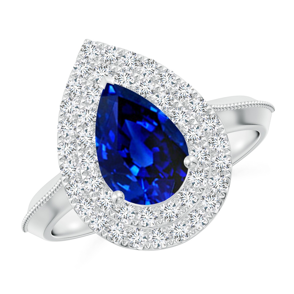 9x7mm Lab-Grown Vintage Inspired Pear Blue Sapphire Double Halo Engagement Ring in White Gold