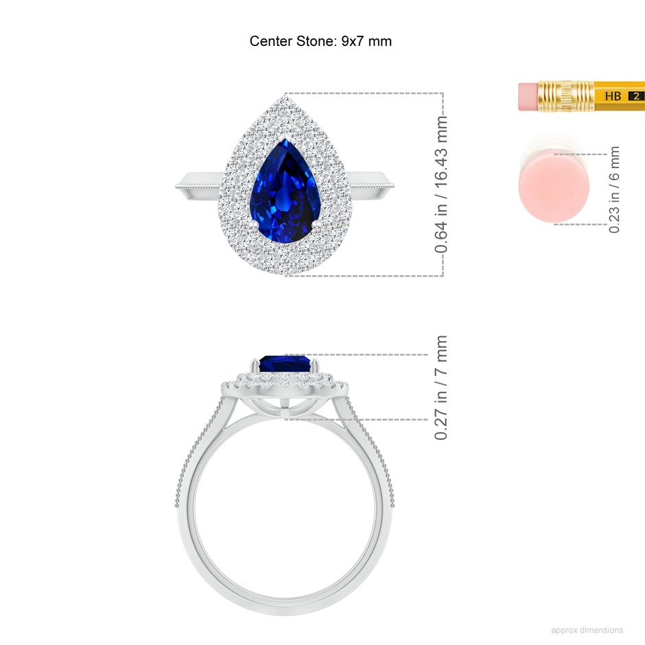 9x7mm Lab-Grown Vintage Inspired Pear Blue Sapphire Double Halo Engagement Ring in White Gold ruler