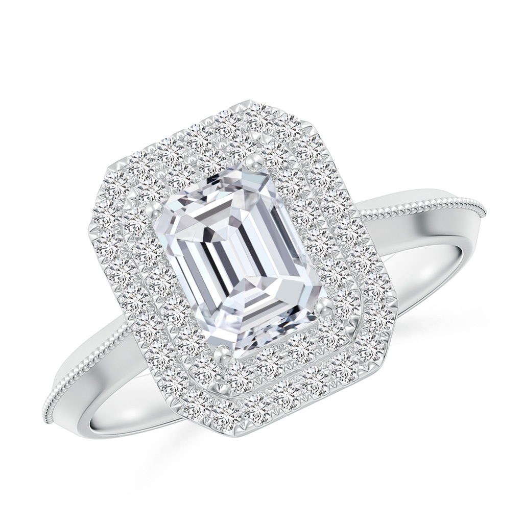 7x5mm HSI2 Vintage Inspired Emerald-Cut Diamond Double Halo Engagement Ring in White Gold