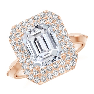 8.5x6.5mm HSI2 Vintage Inspired Emerald-Cut Diamond Double Halo Engagement Ring in Rose Gold