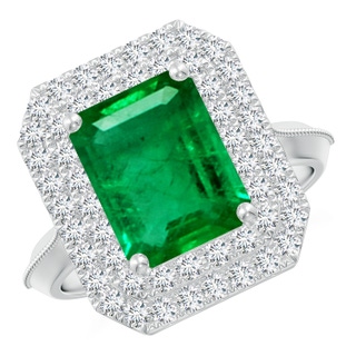 10x8mm AAA Vintage Inspired Emerald-Cut Emerald Double Halo Engagement Ring in P950 Platinum