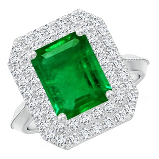 10x8mm AAAA Vintage Inspired Emerald-Cut Emerald Double Halo Engagement Ring in P950 Platinum