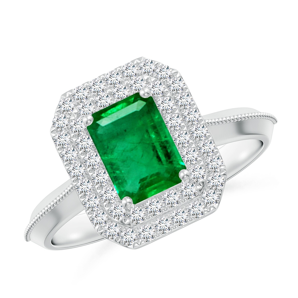 7x5mm AAA Vintage Inspired Emerald-Cut Emerald Double Halo Engagement Ring in White Gold