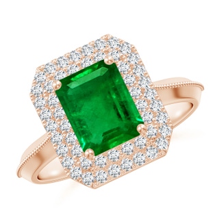 8x6mm AAAA Vintage Inspired Emerald-Cut Emerald Double Halo Engagement Ring in Rose Gold